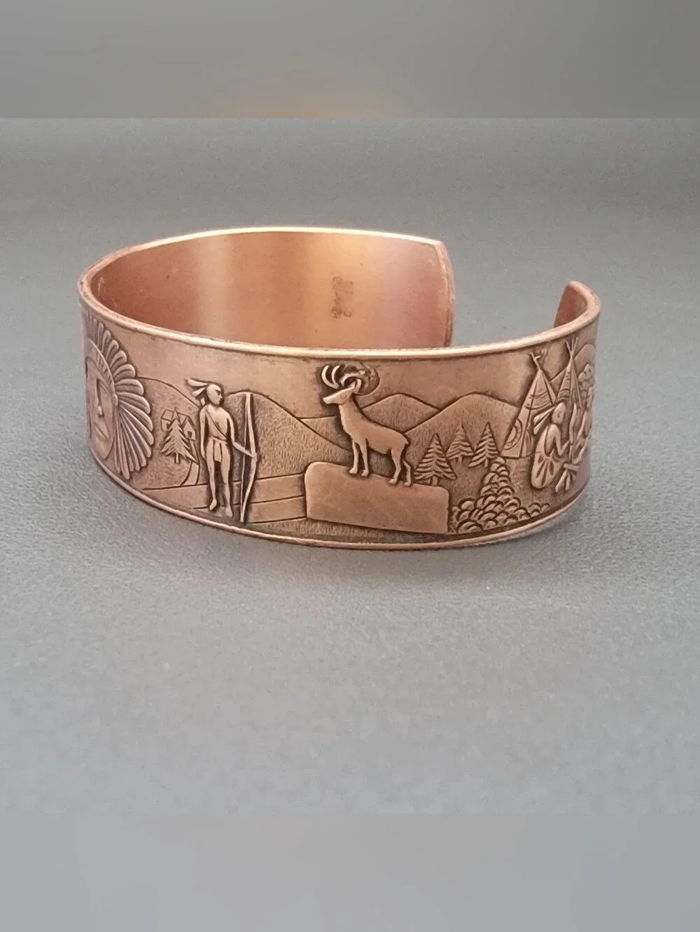 Vintage Solid Copper Mohawk Trail Scenic Cuff Bracelet Native American Mountain